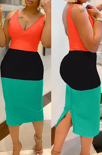 Yellow New Summer Contarst Color Spliced Sleeveless V Collar Backless Bodycon Midi Dress YNS16803-2