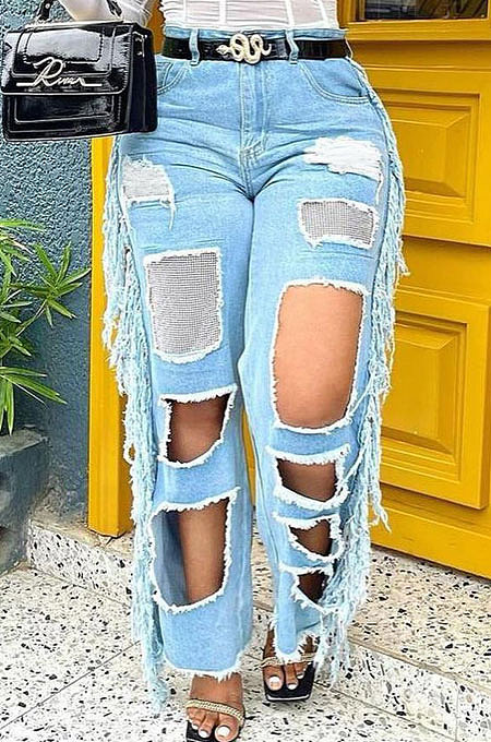 Light Color Women Loose Hole Tassel Set Auger Debris Wide Leg Pants NZ917