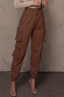Brown Casual Pure Color With Pocket Drawsting Ankle Banded Pants H1653-1
