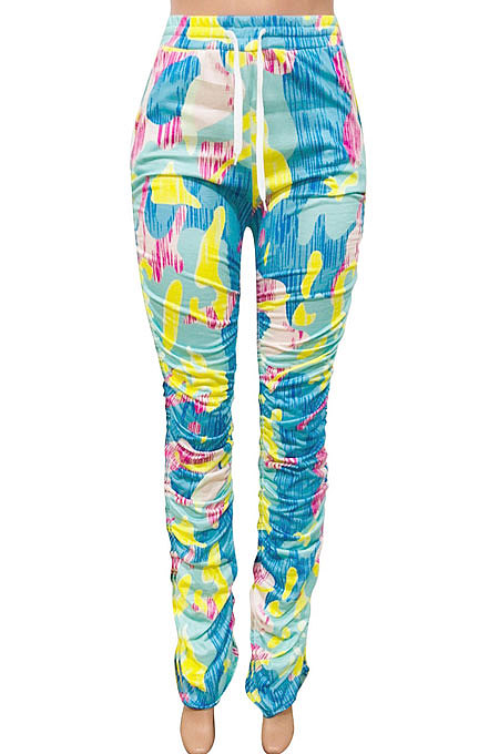 Yellow Women Shirred Detail Tight Mid Waist Long Pants NK105-2