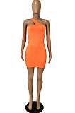 Orange Summer Simple Oblique Shoulder Sexy Solid Color Tight Mini Hip Dress YNS16809-1