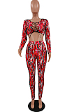 Blue New Printing Long Sleeve Round Neck Banage Strapless High Waist Bodycon Pants Two-Piece NYZ6030-1