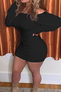 Black Sexy Long Sleeve Off Shoulder Eyelet Bandage Collect Waist Solid Color Mini Hip Dress NYZ6032-2