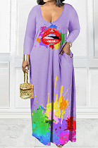Light Purple Casual Splash-Ink Lips Printing Long Sleeve V Neck Loose Collcet Waist Long Dress MTY6573-4