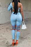 Blue Cute Digital Printing One Sleeve Backless Bandage Strapless Tight Pencil Pants Slim Fitting Two-Piece YNS16806-1