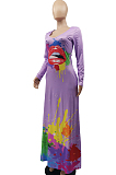 White Casual Splash-Ink Lips Printing Long Sleeve V Neck Loose Collcet Waist Long Dress MTY6573-1