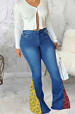 Blue Fashion Spliced Water Washing High Waist Elastic Slim Fitting Jean Flared Pants SMR2395-1
