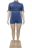 Light Blue Wholesal Spliced Short Sleeve Lapel Neck With Pocket Jean Legging Slim Fitting Romper Shorts BAK0713-1