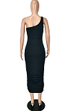 Neon Green Sexy Summer Oblique Shoulder Ruffle Collcet Waist Pure Color Bodycon Dress YNS1665-1
