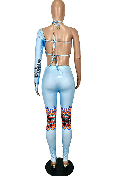 Blue Cute Digital Printing One Sleeve Backless Bandage Strapless Tight Pencil Pants Slim Fitting Two-Piece YNS16806-1