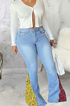 Light Blue Fashion Spliced Water Washing High Waist Elastic Slim Fitting Jean Flared Pants SMR2395-3