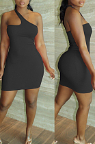 Black Summer Simple Oblique Shoulder Sexy Solid Color Tight Mini Hip Dress YNS16809-4