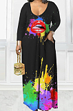 White Casual Splash-Ink Lips Printing Long Sleeve V Neck Loose Collcet Waist Long Dress MTY6573-1