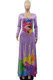 Black Casual Splash-Ink Lips Printing Long Sleeve V Neck Loose Collcet Waist Long Dress MTY6573-2