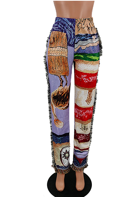 Purple Fashion Loose Colorful Cute Patterns Printing Tassel Pants NYZ6031-3