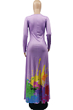 Black Casual Splash-Ink Lips Printing Long Sleeve V Neck Loose Collcet Waist Long Dress MTY6573-2