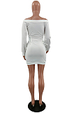 Black Sexy Long Sleeve Off Shoulder Eyelet Bandage Collect Waist Solid Color Mini Hip Dress NYZ6032-2
