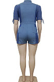 Red Wholesal Spliced Short Sleeve Lapel Neck With Pocket Jean Legging Slim Fitting Romper Shorts BAK0713-2
