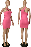 Blue Summer Simple Oblique Shoulder Sexy Solid Color Tight Mini Hip Dress YNS16809-3