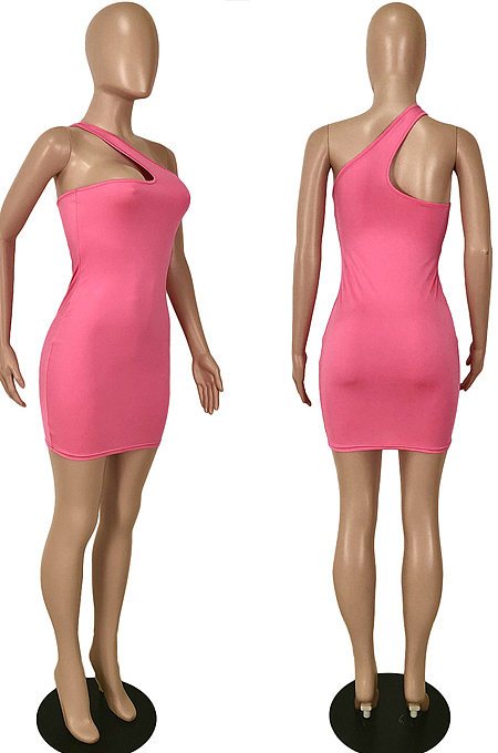 Rose Red Summer Simple Oblique Shoulder Sexy Solid Color Tight Mini Hip Dress YNS16809-5