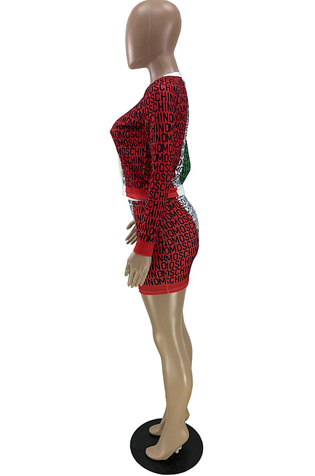 Colorful Ribber Letter Printing Long Sleeve Single-Breasted Coat Mini Skirts Fashion Two-Piece QC8028