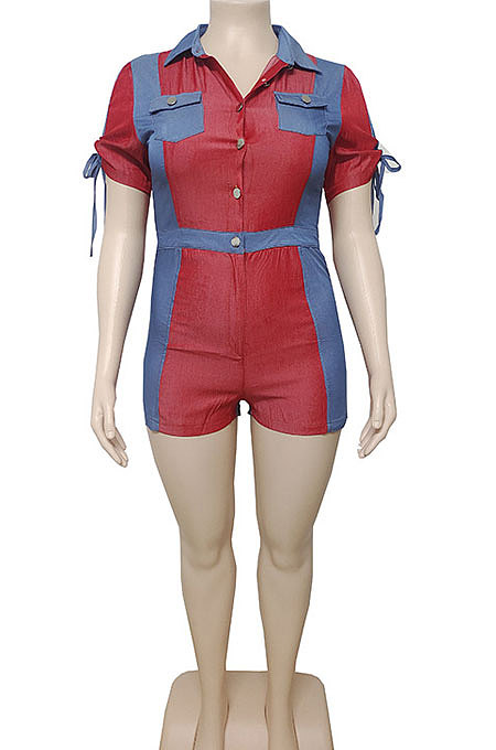 Red Wholesal Spliced Short Sleeve Lapel Neck With Pocket Jean Legging Slim Fitting Romper Shorts BAK0713-2