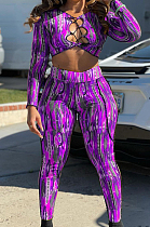 Purple New Printing Long Sleeve Round Neck Banage Strapless High Waist Bodycon Pants Two-Piece NYZ6030-3