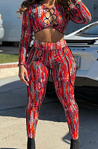 Red New Printing Long Sleeve Round Neck Banage Strapless High Waist Bodycon Pants Two-Piece NYZ6030-2