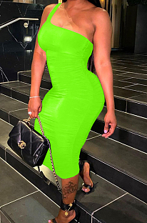 Neon Green Sexy Summer Oblique Shoulder Ruffle Collcet Waist Pure Color Bodycon Dress YNS1665-1