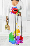 Wine Red Casual Splash-Ink Lips Printing Long Sleeve V Neck Loose Collcet Waist Long Dress MTY6573-3