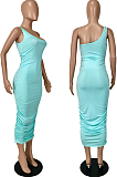 Rose Red Sexy Summer Oblique Shoulder Ruffle Collcet Waist Pure Color Bodycon Dress YNS1665-3