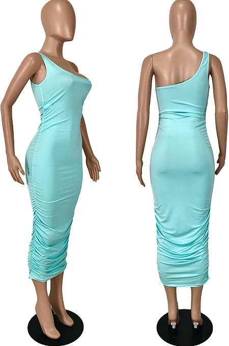 Mint Blue Sexy Summer Oblique Shoulder Ruffle Collcet Waist Pure Color Bodycon Dress YNS1665-5