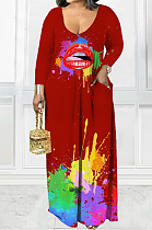 Wine Red Casual Splash-Ink Lips Printing Long Sleeve V Neck Loose Collcet Waist Long Dress MTY6573-3