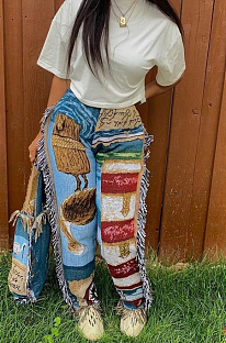 Blue Fashion Loose Colorful Cute Patterns Printing Tassel Pants NYZ6031-2