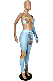 Blue Cute Digital Printing One Sleeve Backless Bandage Strapless Tight Pencil Pants Slim Fitting Two-Piece YNS16806-1