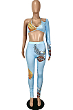 Black Gray Cute Digital Printing One Sleeve Backless Bandage Strapless Tight Pencil Pants Slim Fitting Two-Piece YNS16806-2