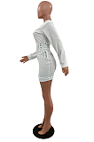 White Sexy Long Sleeve Off Shoulder Eyelet Bandage Collect Waist Solid Color Mini Hip Dress NYZ6032-1