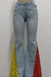 Blue Fashion Spliced Water Washing High Waist Elastic Slim Fitting Jean Flared Pants SMR2395-1