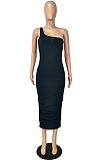Rose Red Sexy Summer Oblique Shoulder Ruffle Collcet Waist Pure Color Bodycon Dress YNS1665-3