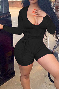 Black Wholesal New Women Ribber Long Sleeve Deep V Collar Slim Fitting Solid Color Romper Shorts CL6095-5