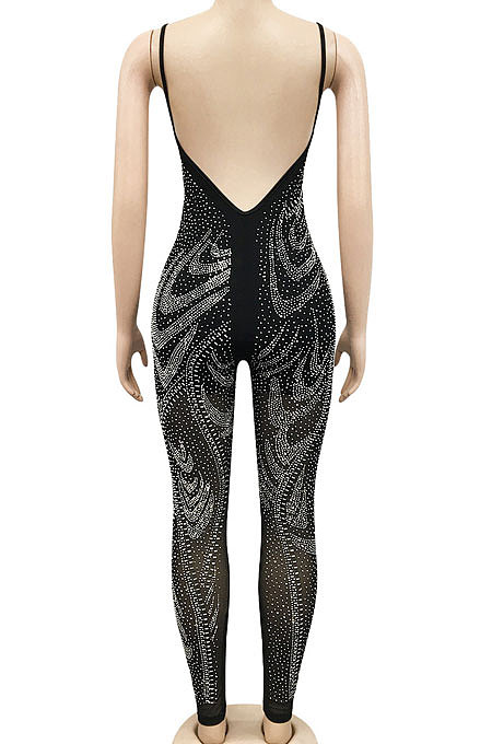 Golden Euramerican Women Sexy Club Mesh Spaghetti Hot Drilling Condole Belt Bodycon Jumpsuits XZ5280-2