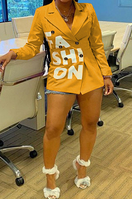 Orange Autumn Winter Long Sleeve Small Suit OL Bodycon Double-Breasted  Jacket AYL88886-2