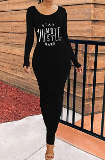 Black Women Sexy Long Sleeve Solid Color Printing Elastic Waist Long Dress BYL77000