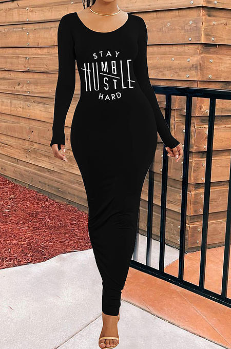 Black Women Sexy Long Sleeve Solid Color Printing Elastic Waist Long Dress BYL77000