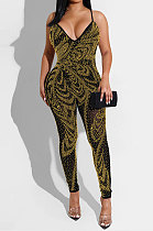 Golden Euramerican Women Sexy Club Mesh Spaghetti Hot Drilling Condole Belt Bodycon Jumpsuits XZ5280-2