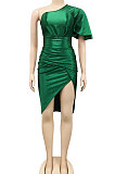 Green New Euramerican Fashion Pure Color Women Tight One Shoulder Split Mini Dress XZ5273-1