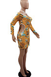 Yellow Long Sleeve Euramerican Dew Waist One Shoulder Sexy Mini Dress GB8030-1