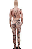 Landscape Printing Polyester Women Autumn Winter Long Sleeve Zipper Pants Sets GB8029