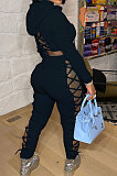 Light Blue Autumn Winter Euramerican Fashion Eyelet Bnadage Solid Color Hollow Out Hoodie Tops Pants Sets HM5496-4