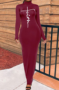Wine Red Women Long Sleeve Pure Color Sexy Long Dress BYL79000-2